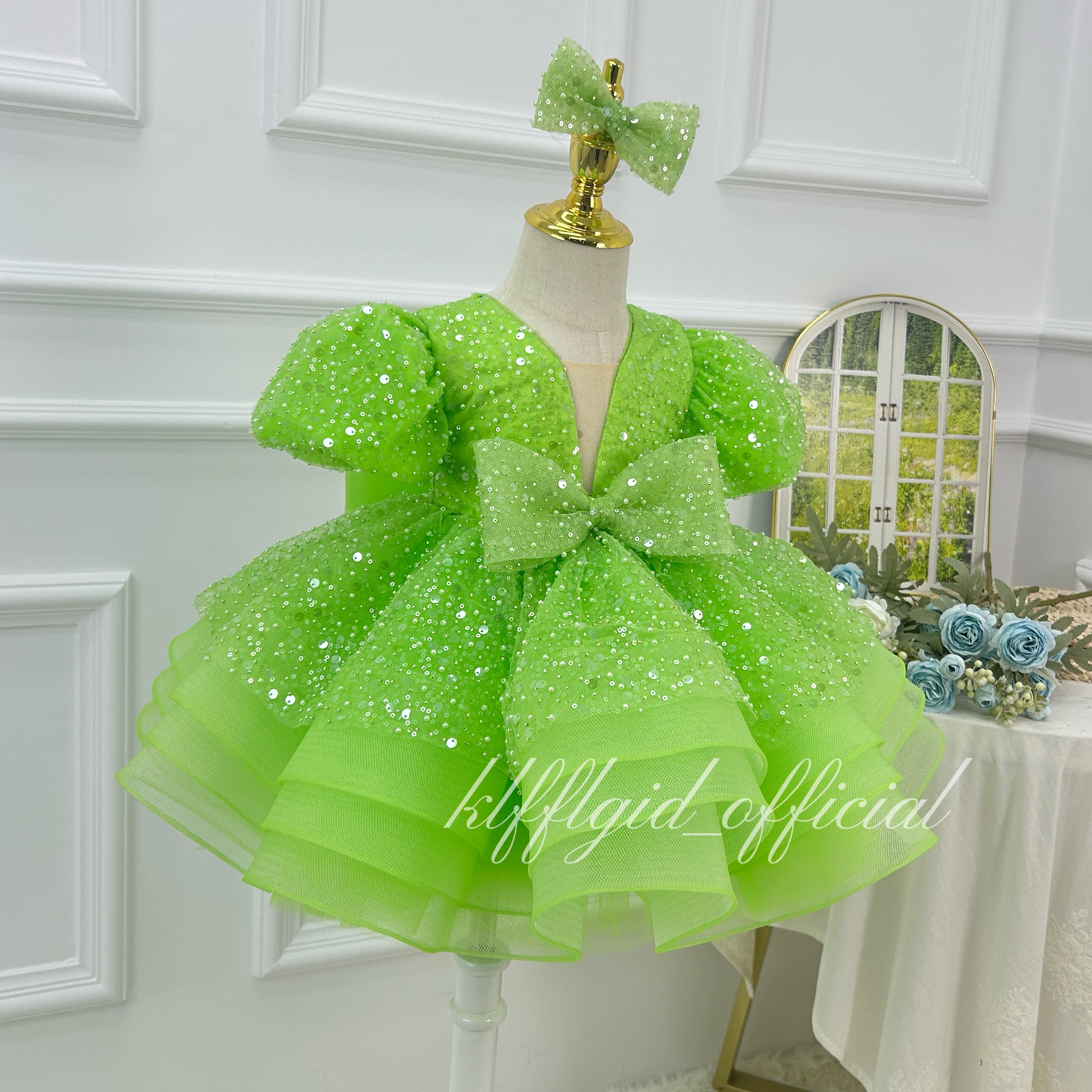 girl formal dress Sparkly short-sleeve princess gown for kids｜KLFFIGID