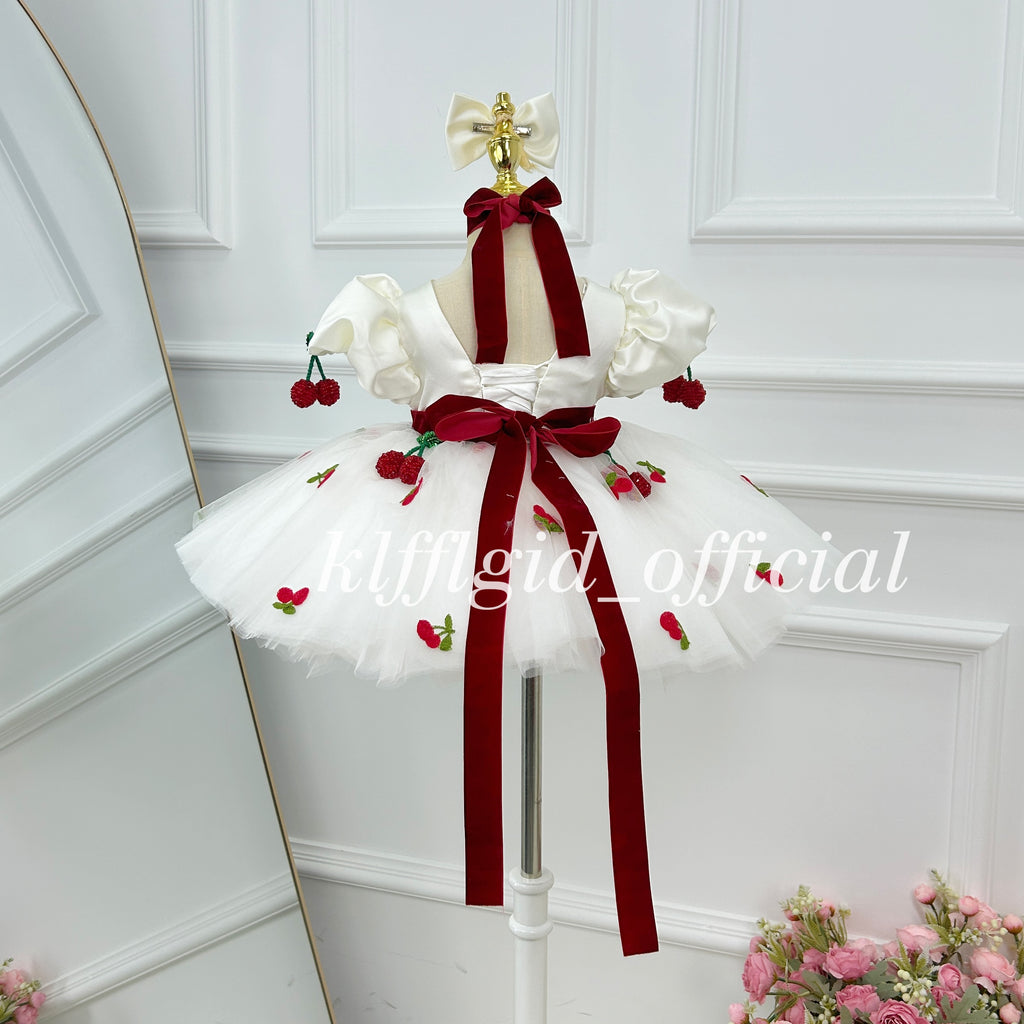 1st Birthday & Party Cute Cherry Dress White Princess Gown | KLFFLGID