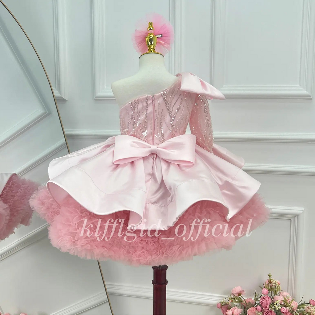 Girls Pink Satin Princess Dress with Sequin One Shoulder Bodice｜KLFFLGID