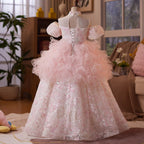 Wedding dress flower girl birthday party fluffy short sleeve sequin girl princess dress
