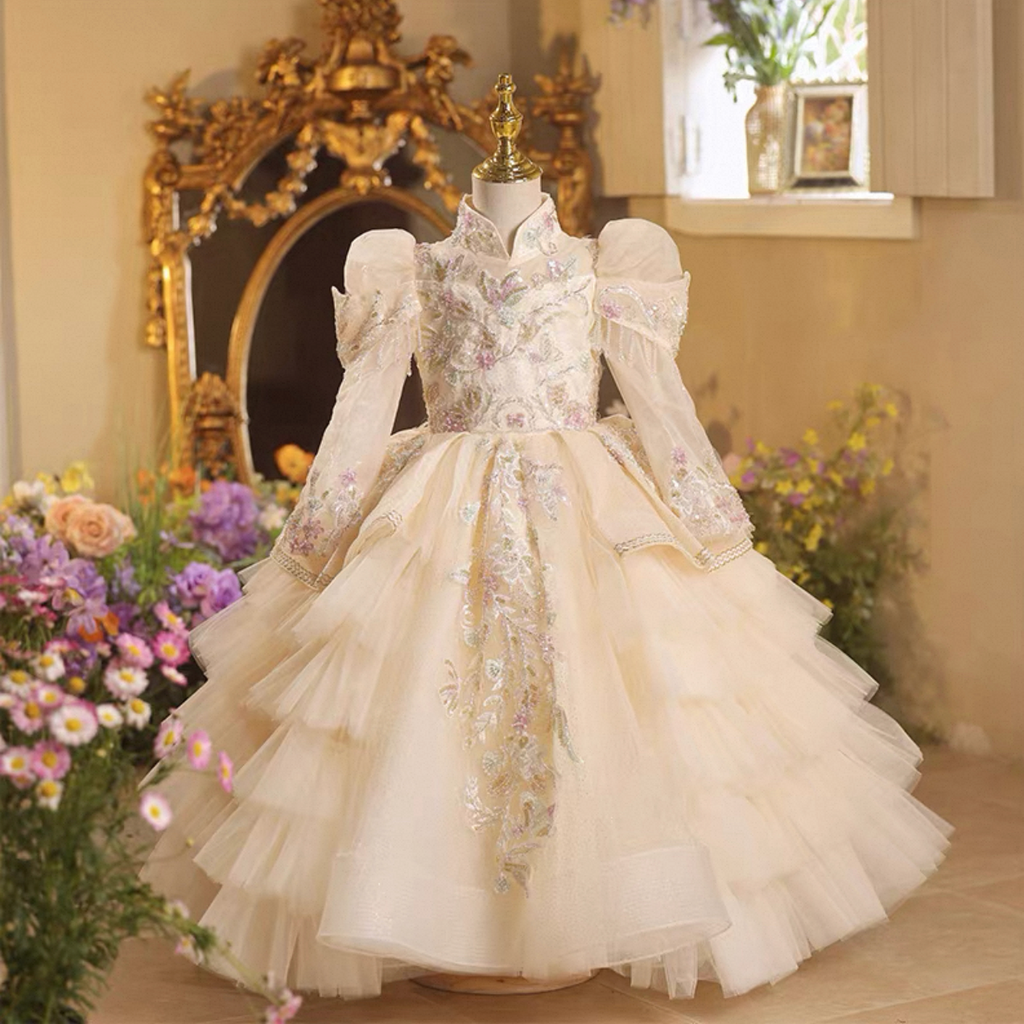 Girls' floral long-sleeved princess dress with elegant elegant host wedding flower girl dress