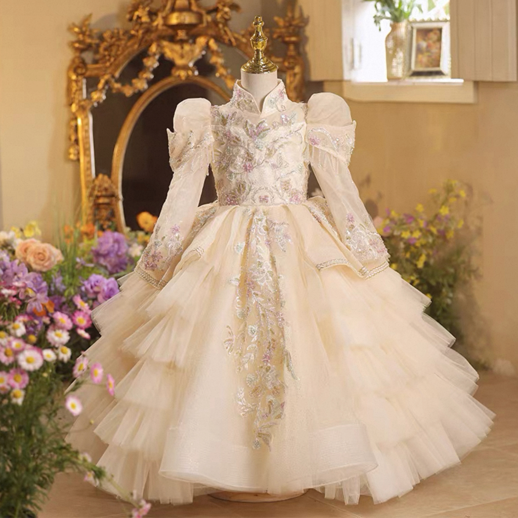 Girls' floral long-sleeved princess dress with elegant elegant host wedding flower girl dress