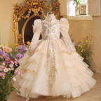 Girls' floral long-sleeved princess dress with elegant elegant host wedding flower girl dress