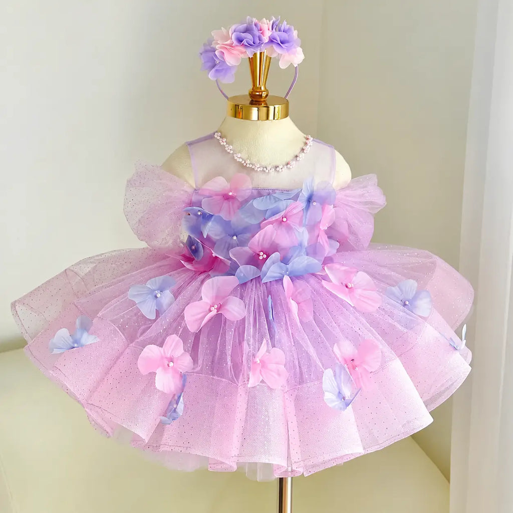 Girls Pink Tulle Princess Dress with 3D Floral Appliqués｜KLFFLGID