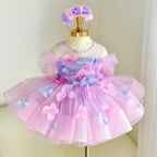 Girls Pink Tulle Princess Dress with 3D Floral Appliqués｜KLFFLGID