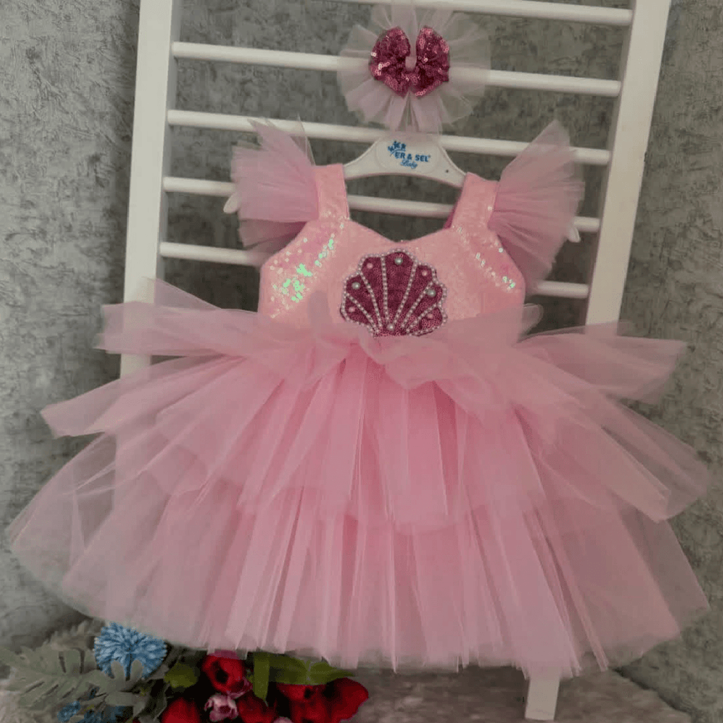 Flutter Sleeve Sequined Shell Baby Birthday Princess Dress | KLFFIGID