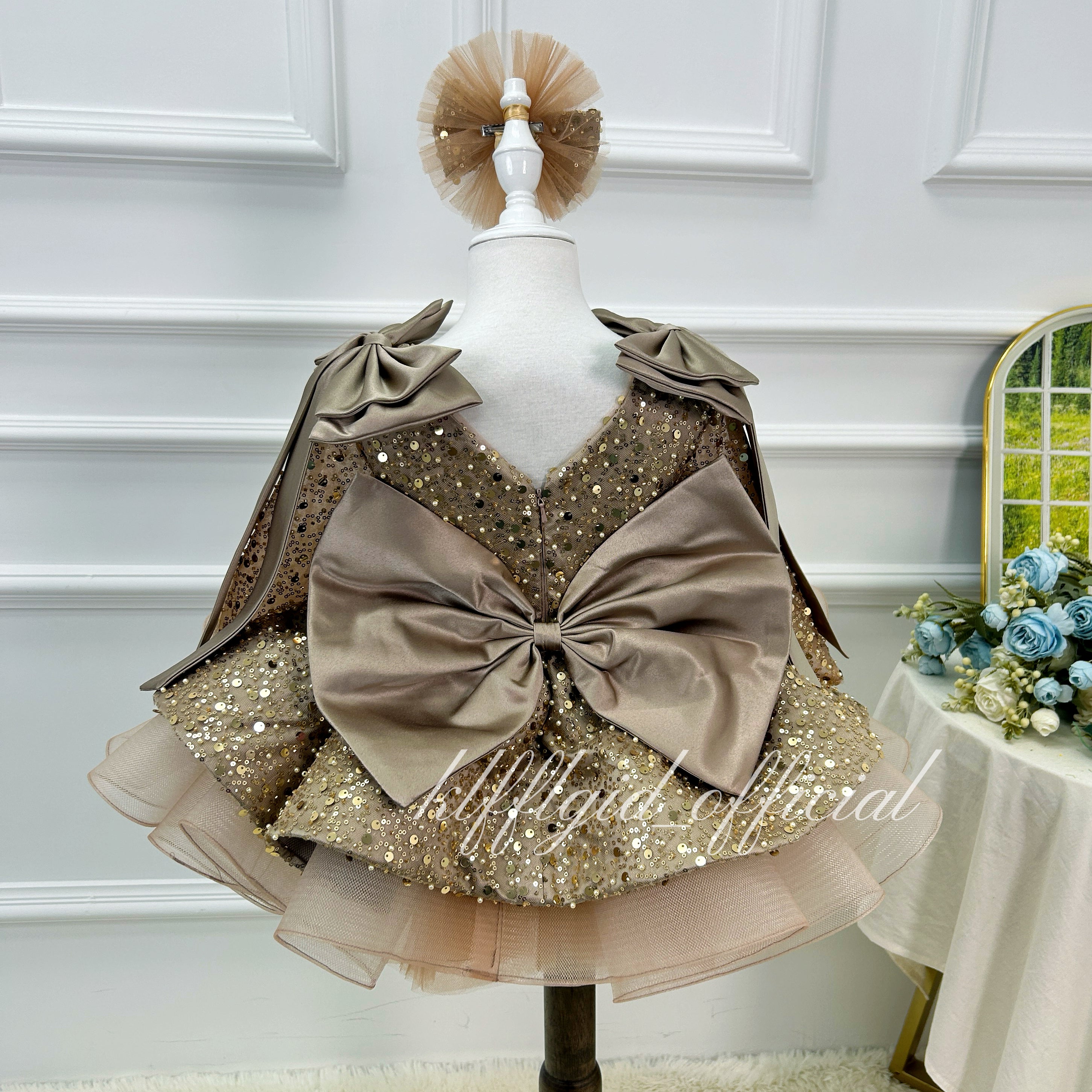 Toddler Girls Sequin Bow Long Sleeve Tulle Princess Birthday Party Dress | KLFFLGID
