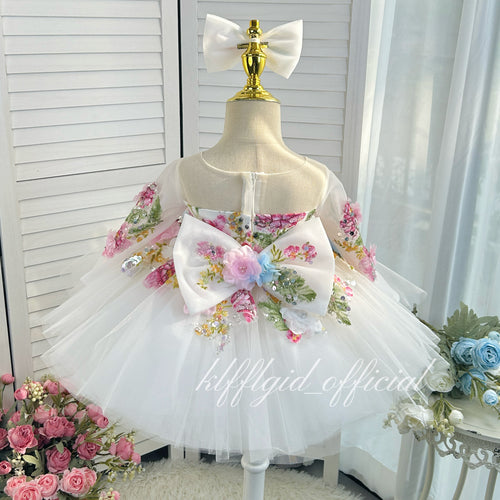 3D Floral Long-Sleeve Tulle Princess Dress for Flower Girls | KLFFIGID