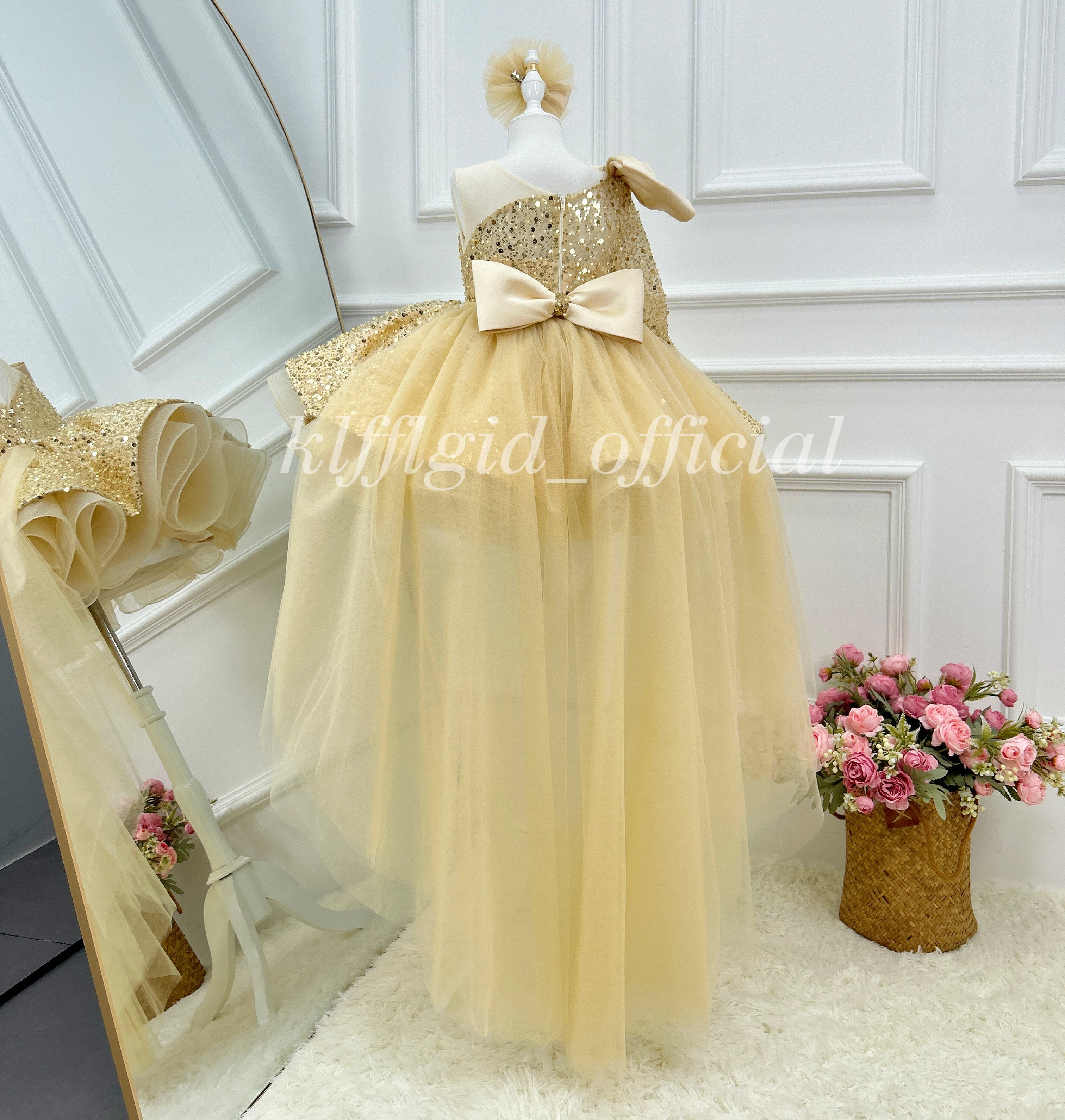 Luxury Gold Sequin Pageant Gown asymmetrical Prom Dress | KLFFLGID