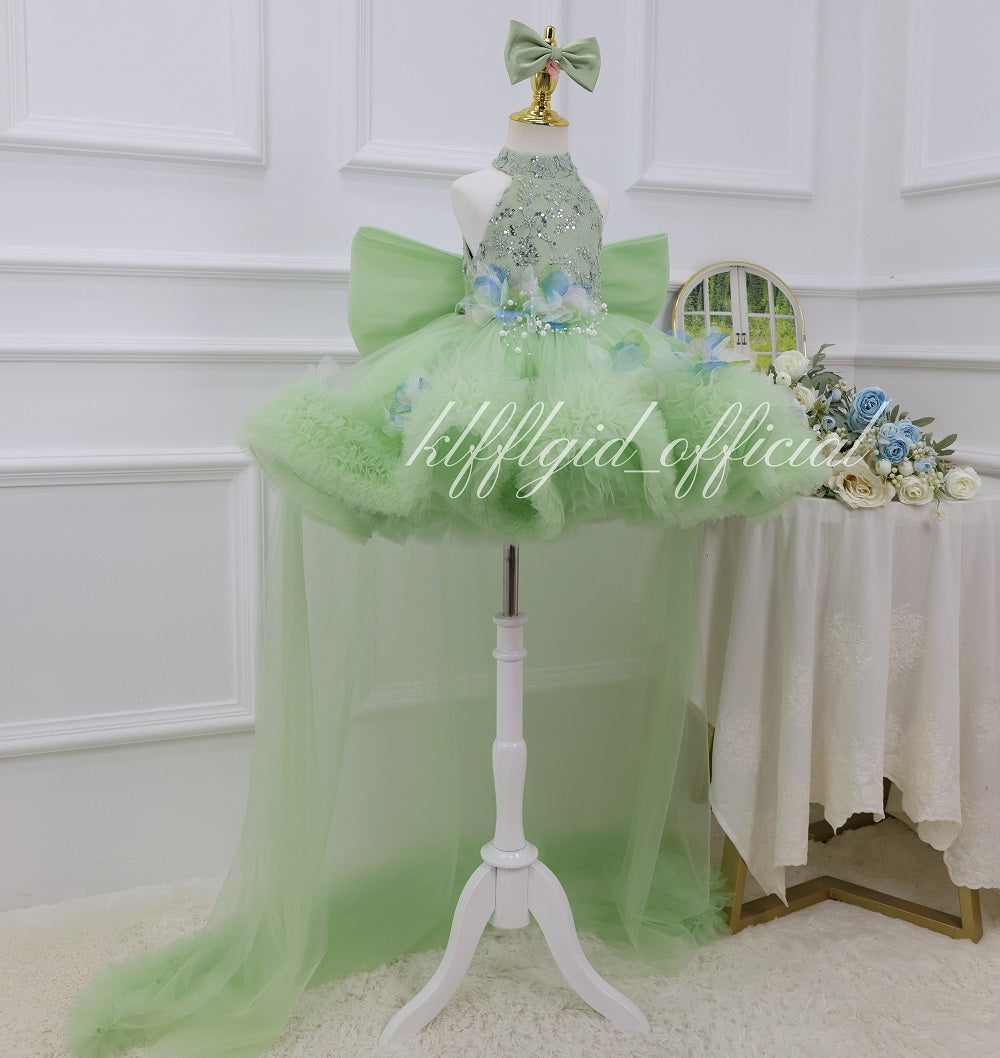 Baby Girl High Neck Sequin Birthday Flower Girl Dress with Train | KLFFLGID