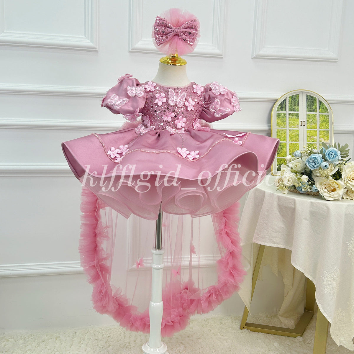 Luxury Large Bow Girls Couture & First Birthday Dress | KLFFLGID