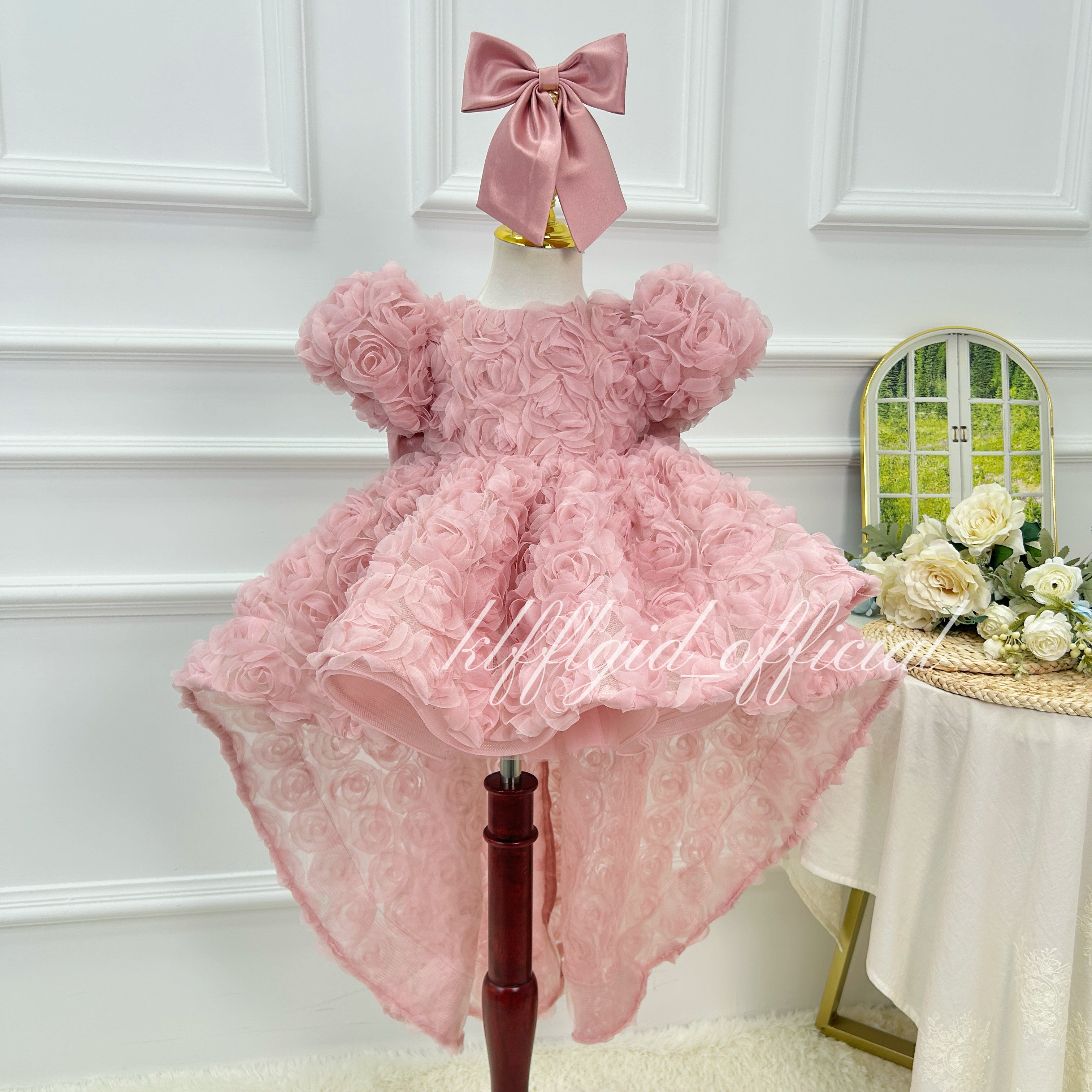 Rose Adorned Short Sleeve Princess Dress for Baby Girls | KLFFIGID