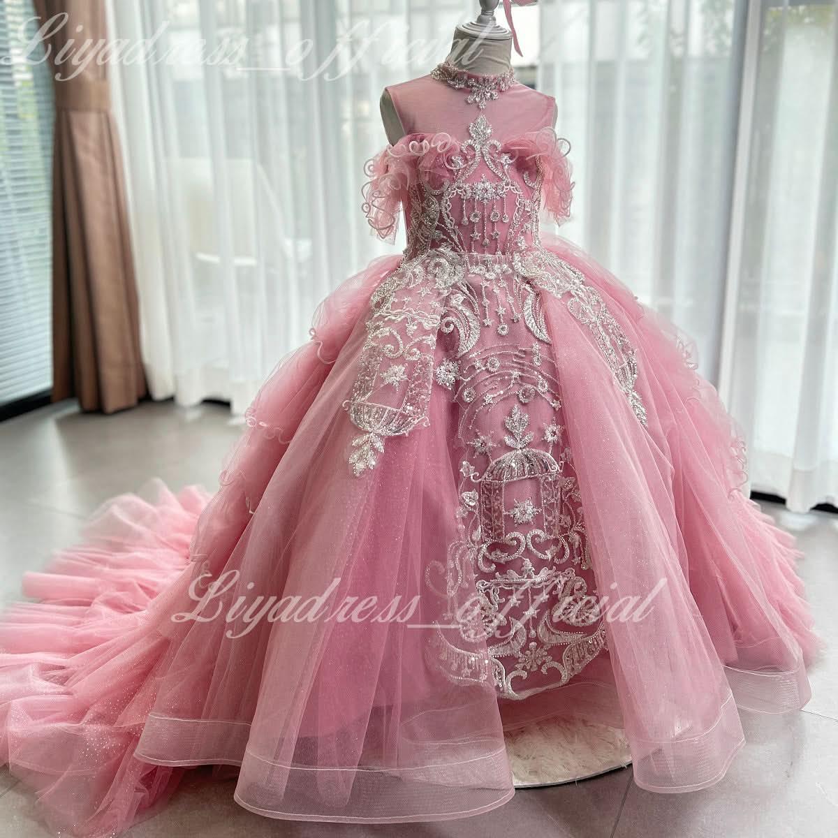 New Pink Lace Embroidered Fluffy Fashion Stage Performance Flower Girl Wedding Girls' Evening Dress