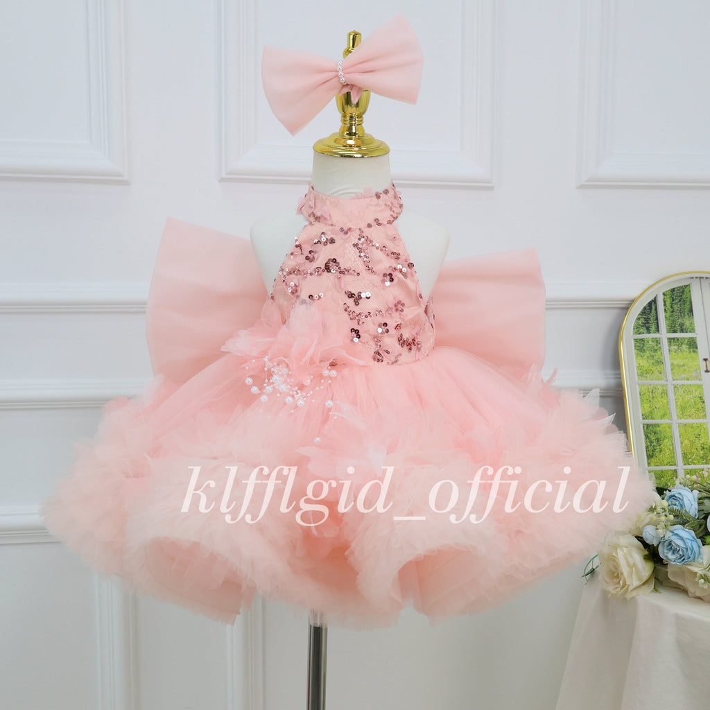 Baby Girl High Neck Sequin Birthday Flower Girl Dress with Train | KLFFLGID
