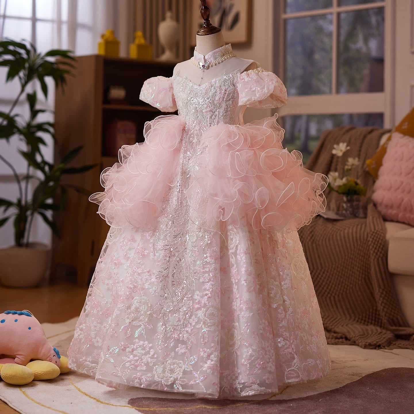Wedding dress flower girl birthday party fluffy short sleeve sequin girl princess dress