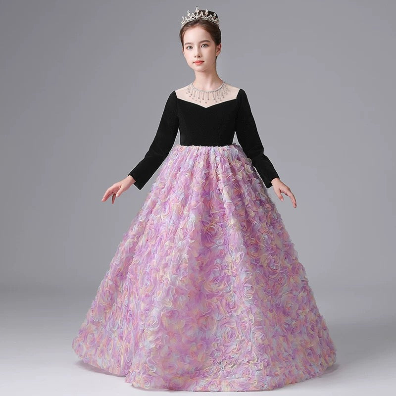 Girls long dress, girl princess dress, 3-12 year old girl piano performance dress, flower dress