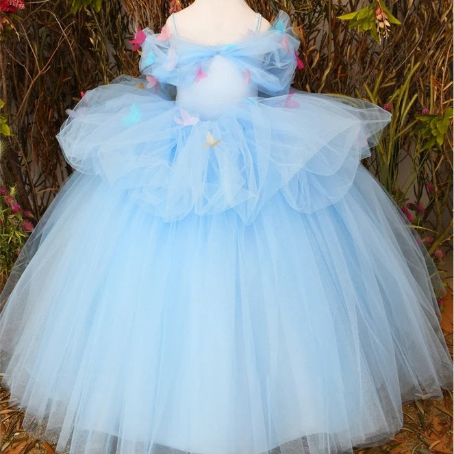 Girls birthday party dress, blue girl princess dress, dress up princess baby dress, butterfly maxi dress