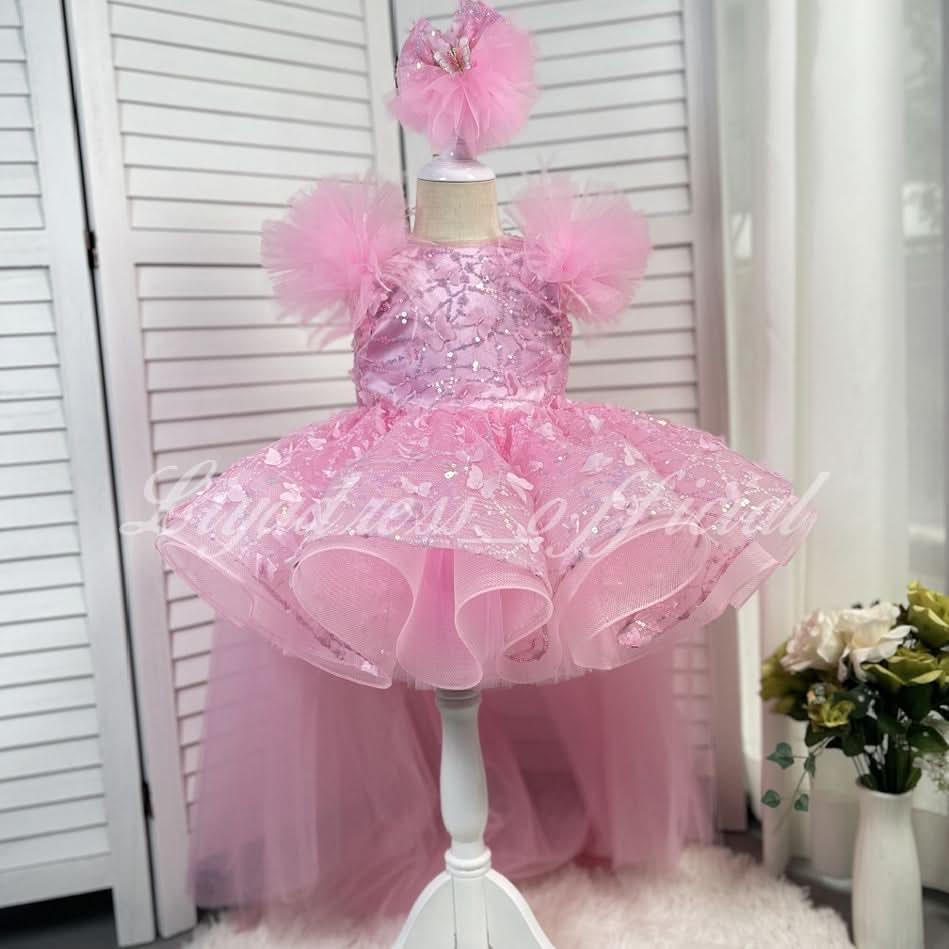 Girls Sleeveless Feather Butterfly Tail Birthday Evening Dress | KLFFIGID