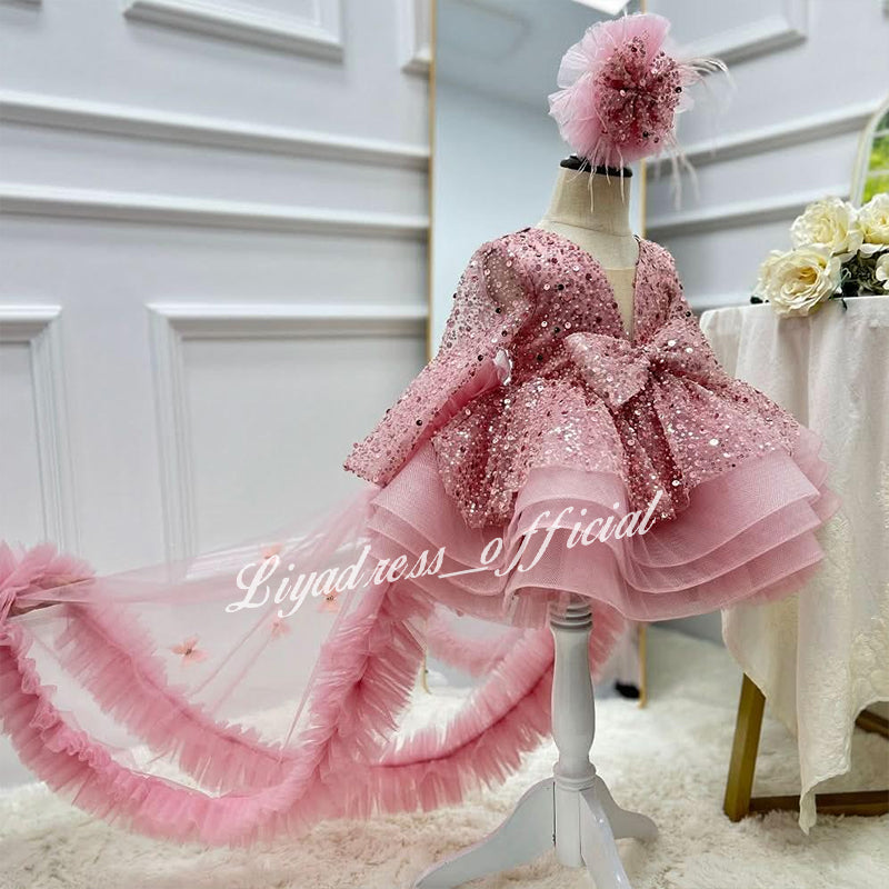 Lace Butterfly Sequined Trailing Birthday Dress with Tiara | KLFFIGID