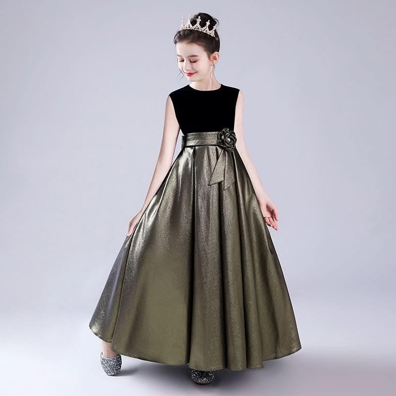 Graceful Princess Gown for Girls Black and Gold Velvet Long Dress for Elegance Must-Have Party Outfit for Little Princesses