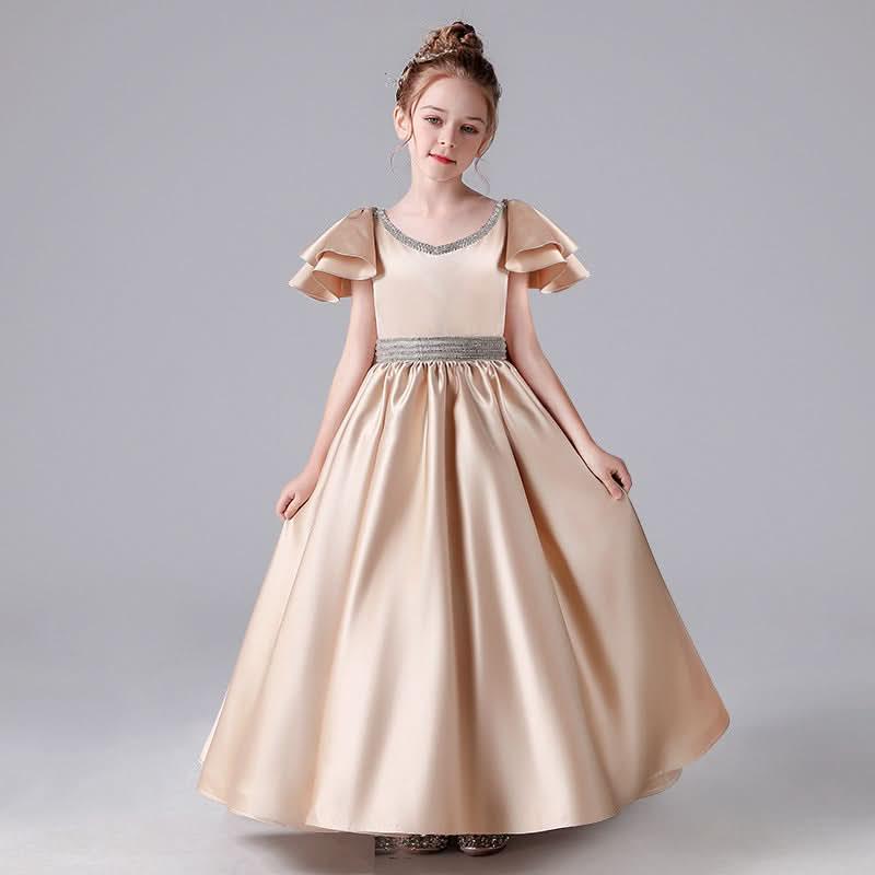 Elegant Champagne Gold Fairytale Gown Asymmetric Design Luxurious Girl's Gown for a Classy Look Trailing Elegance - Highlight Every Graceful Moment