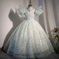 Dreamy Puff Sleeve Fairy Dress Elegant Princess Gown Shimmering Mint Green Fairy Tale Dress