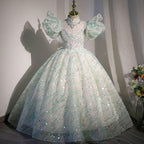 Dreamy Puff Sleeve Fairy Dress Elegant Princess Gown Shimmering Mint Green Fairy Tale Dress