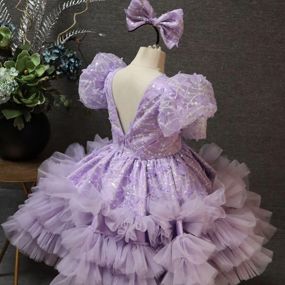 V-Neck Puff Sleeve Butterfly Fluffy Baby 1st Birthday Dress | KLFFIGID