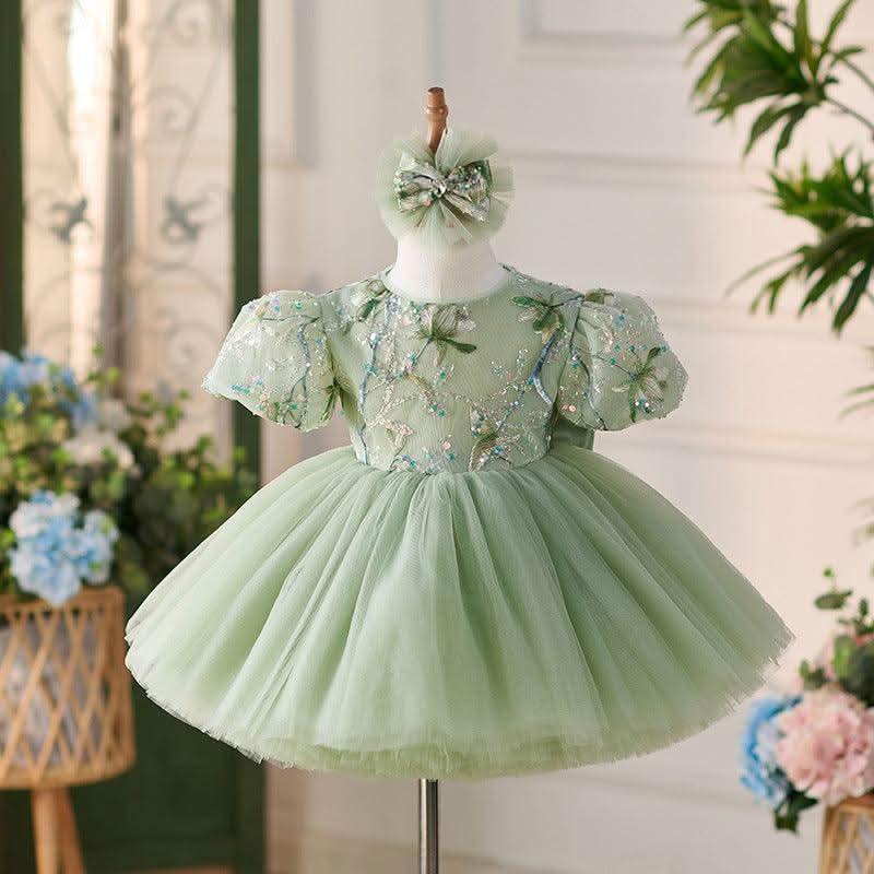 2Pcs Lilac Embroidered Puff Sleeve Baby Party Dress Set | KLFFIGID