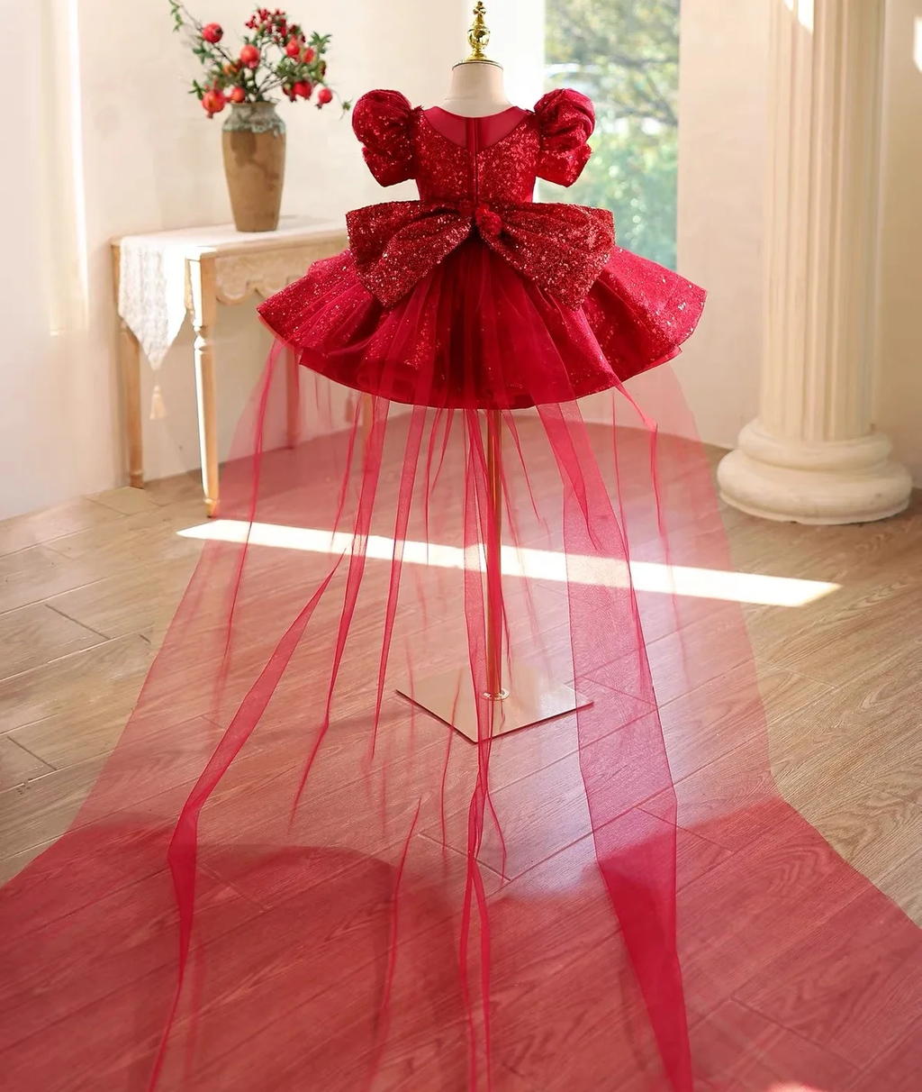 Elegant Girls Red Satin Party Dress with Sparkling Details｜KLFFLGID