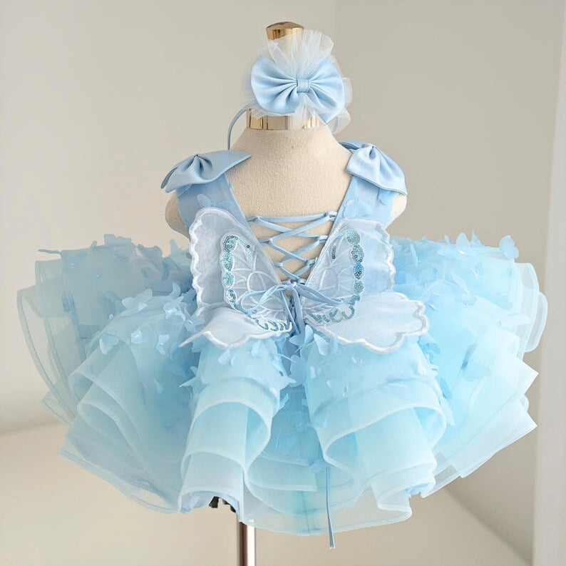 Girls Light Blue Princess Dress with 3D Floral Details｜KLFFLGID