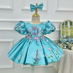 Turquoise Satin Butterfly Floral Tutu Party Dress | KLFFIGID