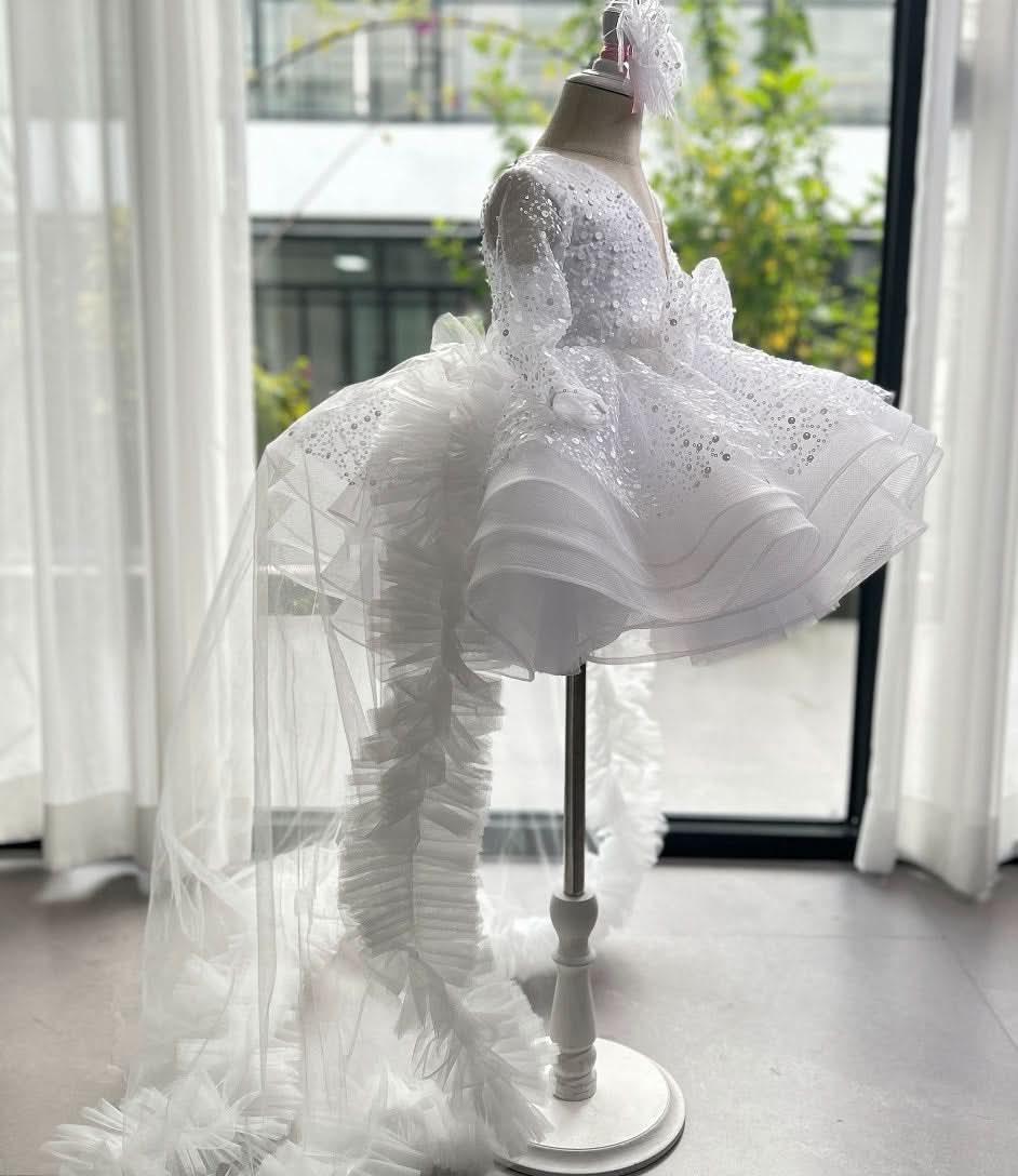 Sequin Long Sleeve Flower Girl Princess Dress with Train | KLFFIGID