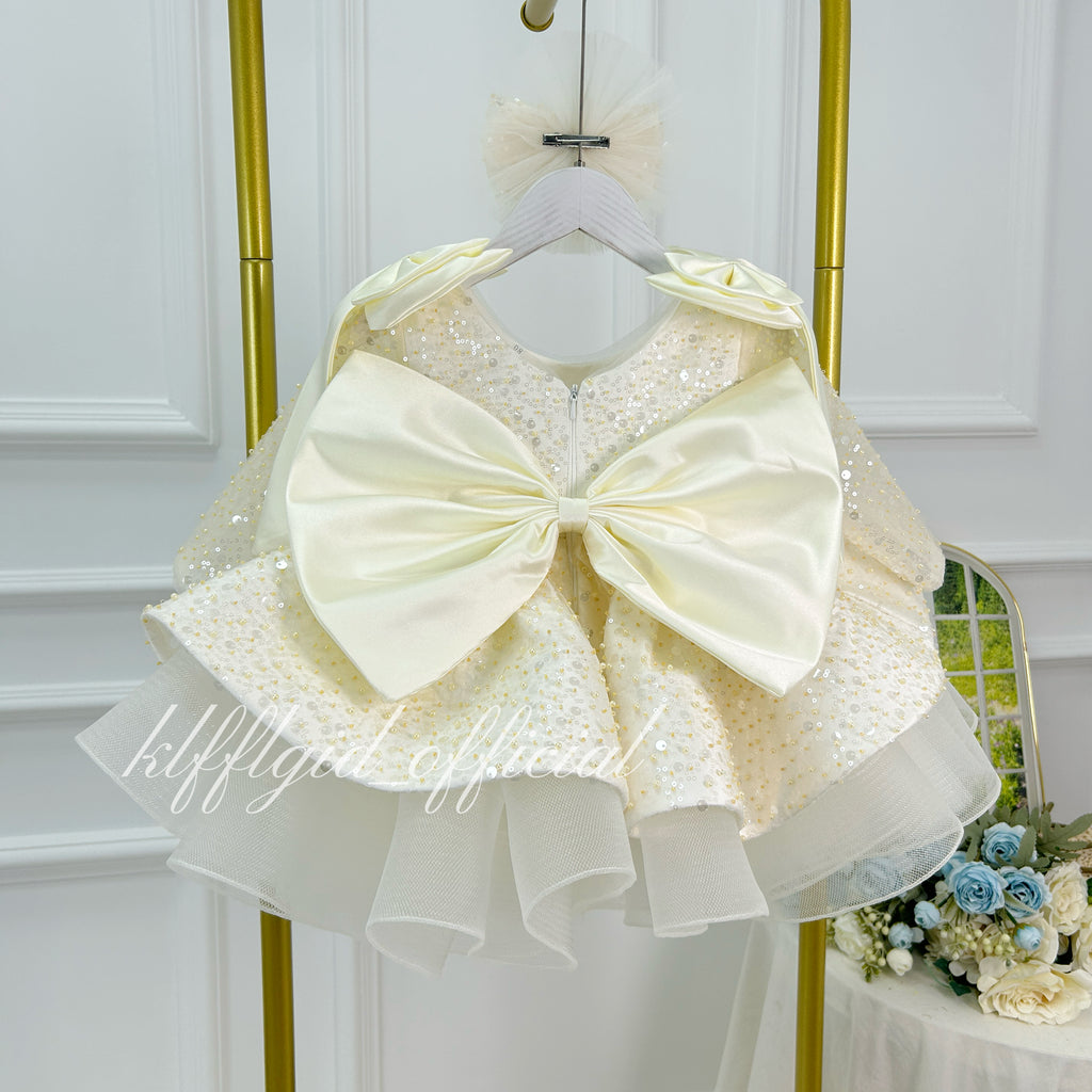 Toddler Girls Sequin Bow Long Sleeve Tulle Princess Birthday Party Dress | KLFFLGID