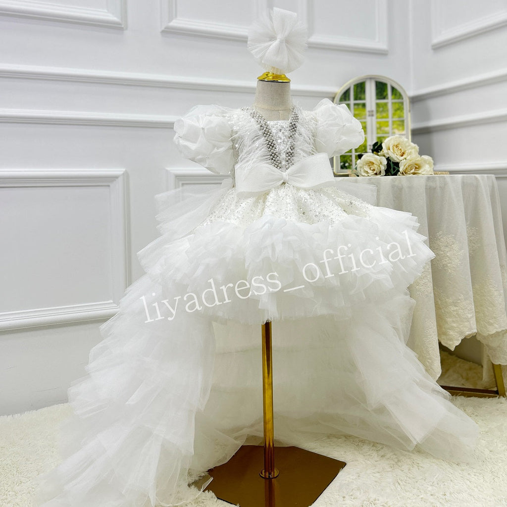 Sequin Flower Girl Dress with Train & Puff Sleeves | KLFFIGID