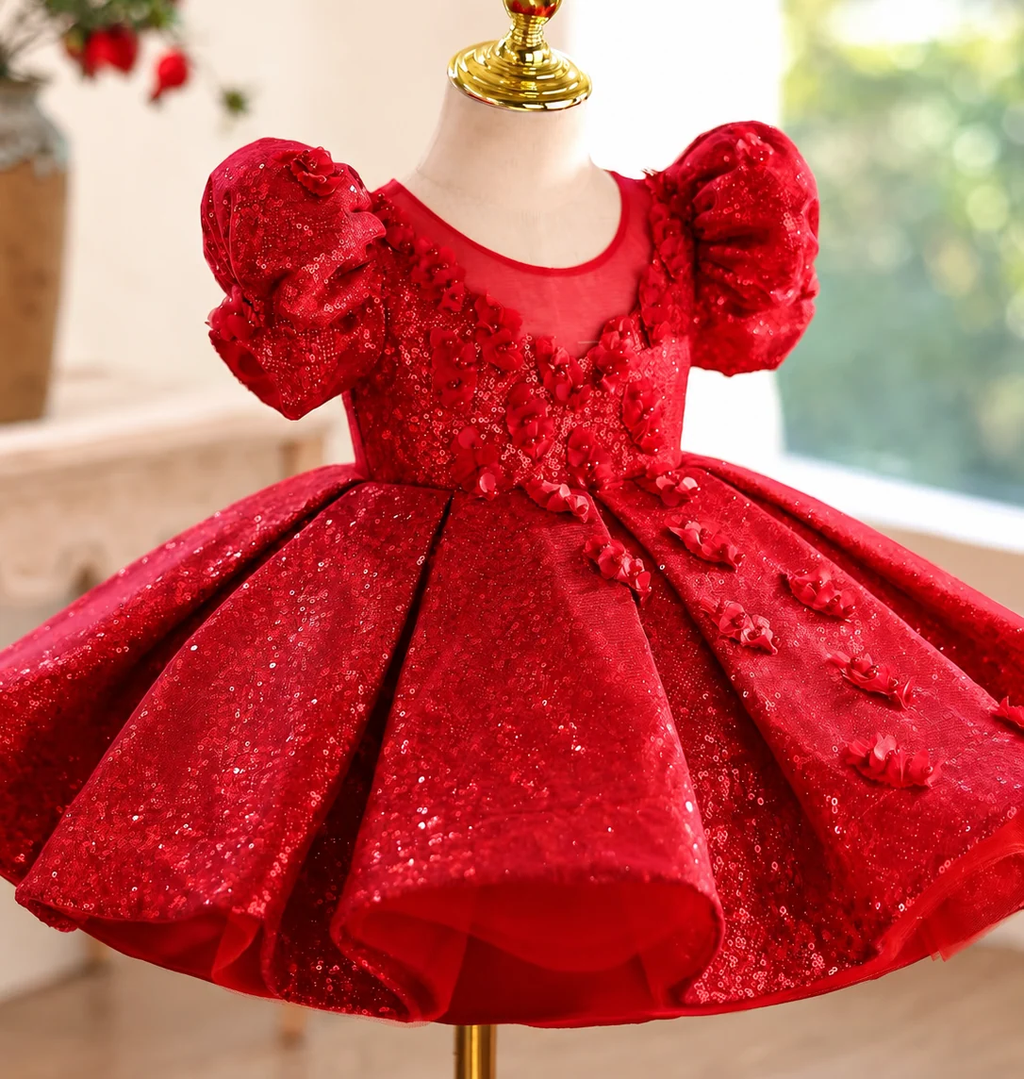 Elegant Girls Red Satin Party Dress with Sparkling Details｜KLFFLGID