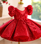 Elegant Girls Red Satin Party Dress with Sparkling Details｜KLFFLGID