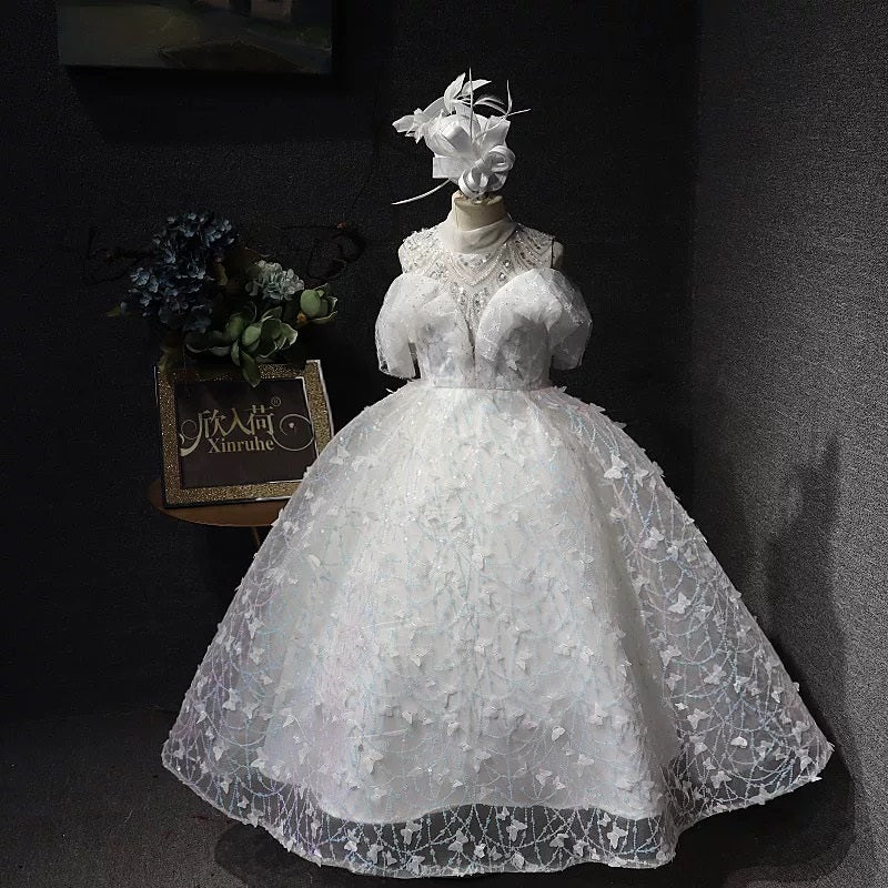 White Elegant Butterfly Wedding Flower Girl Banquet Children's Formal Evening Dress