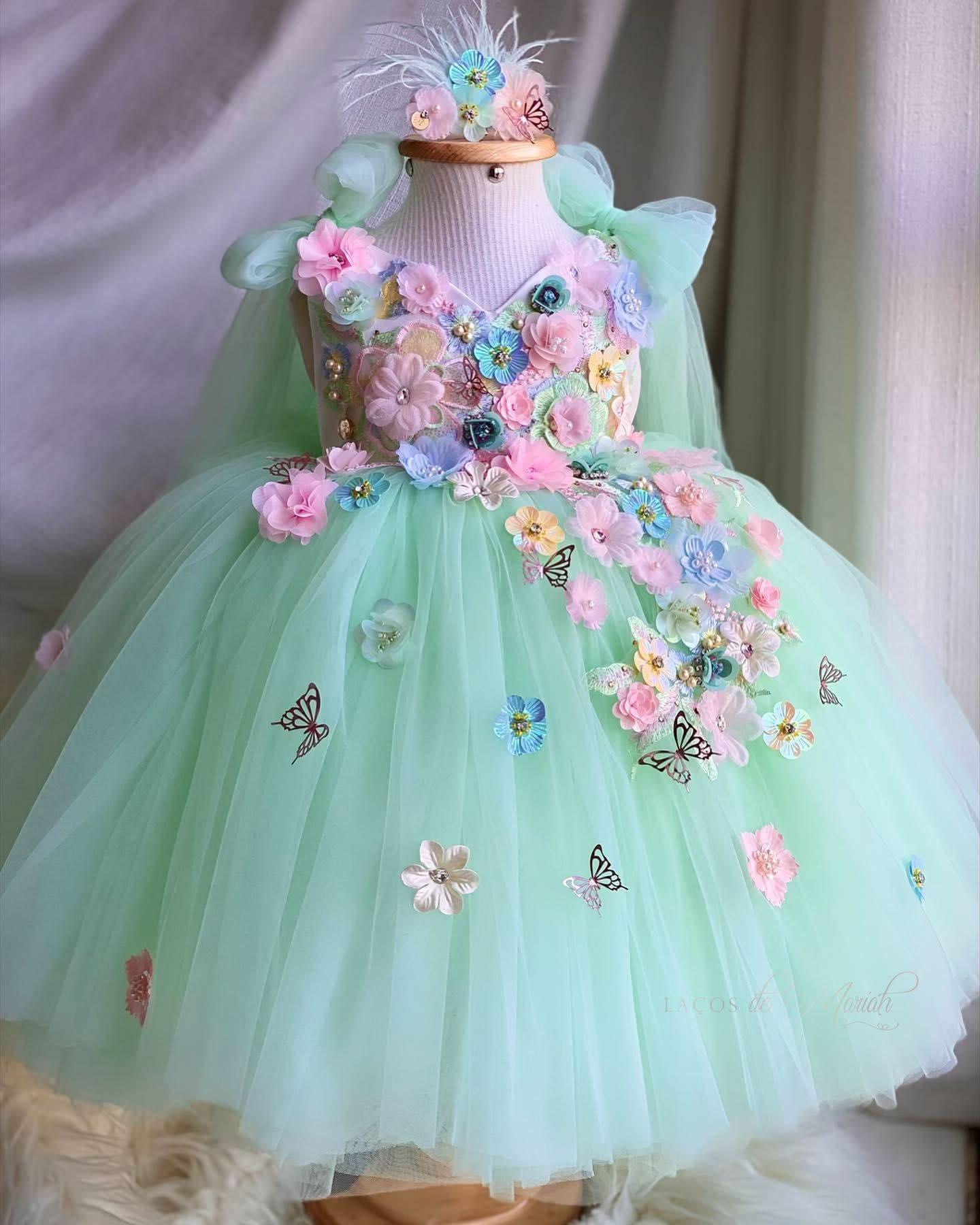 Custom Floral Embroidered Baby Girl Tutu Princess Dress | KLFFIGID