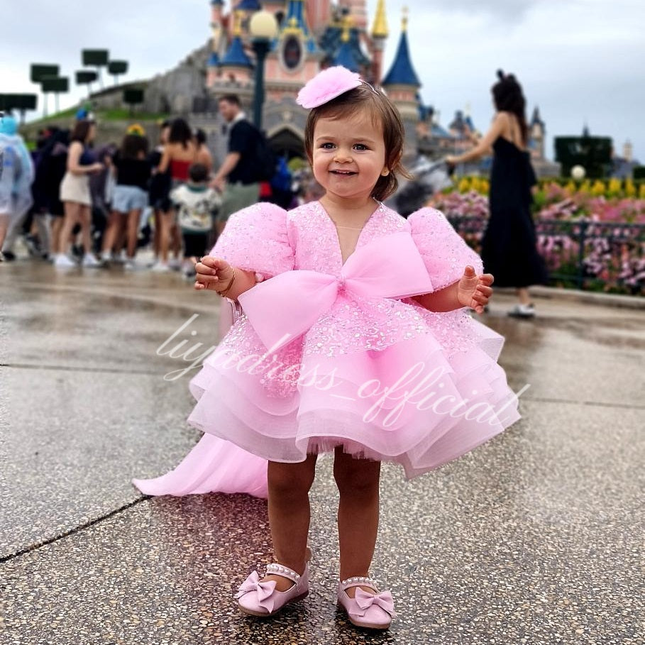 Baby Puff Sleeve Fluffy Tail 1st Birthday Party Princess Dress | KLFFIGID