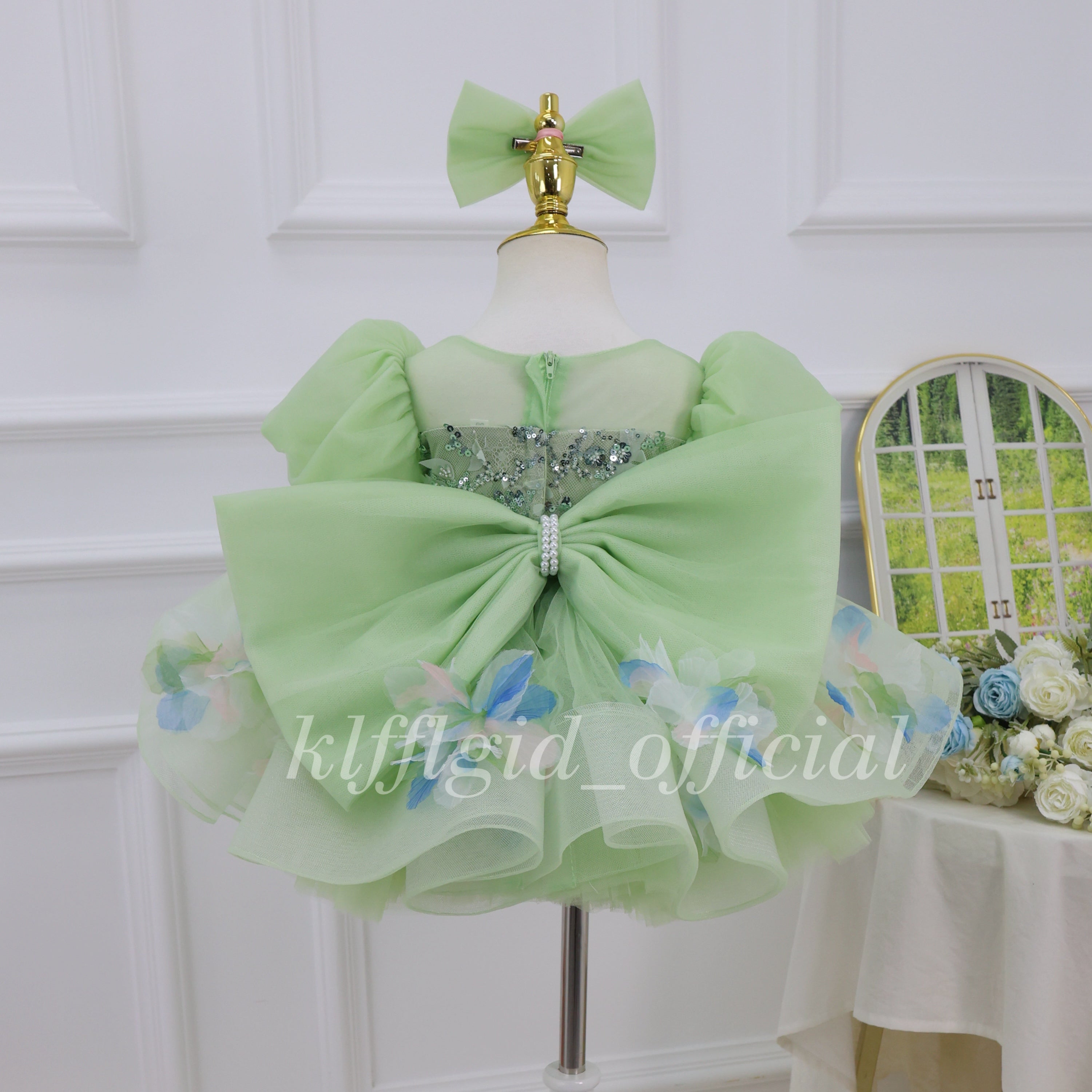 Floral Party Dress for Girls Green baby birthday dress | KLFFLGID