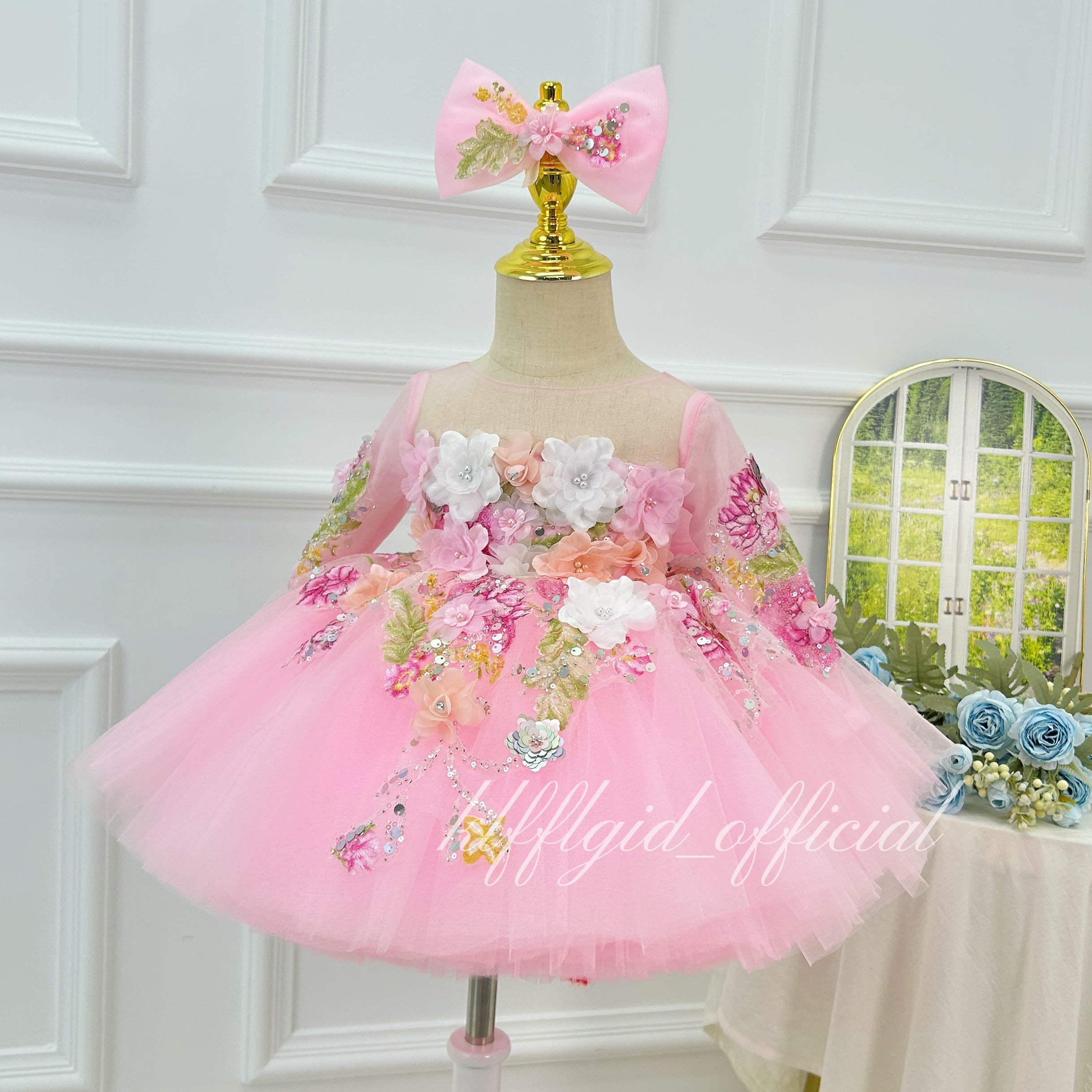 3D Floral Long-Sleeve Tulle Princess Dress for Flower Girls | KLFFIGID