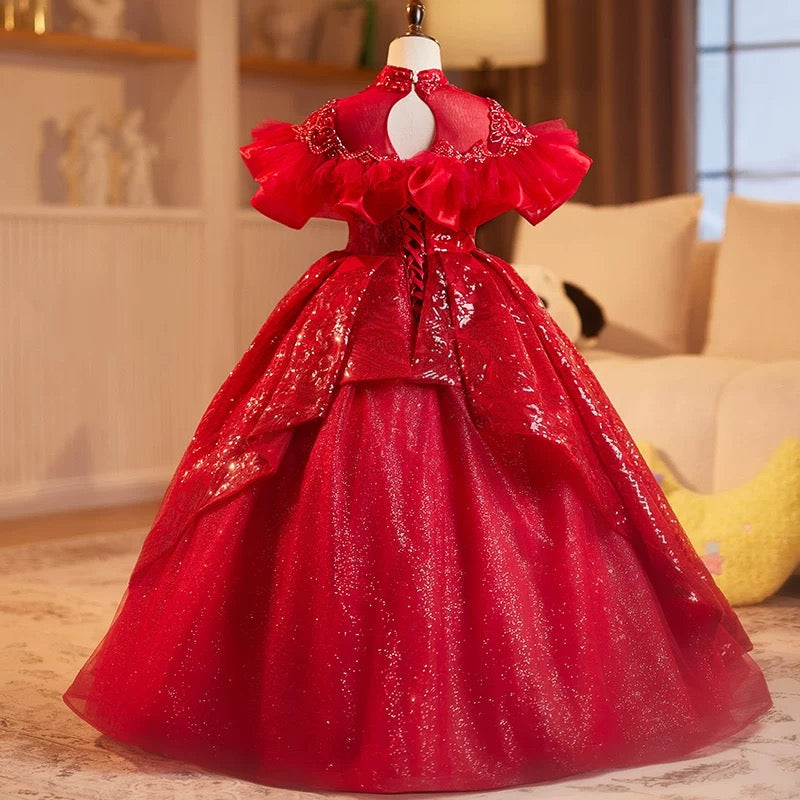 Fashion embroidered sequins children's dress red dress, piano stage performance dance girl evening dress