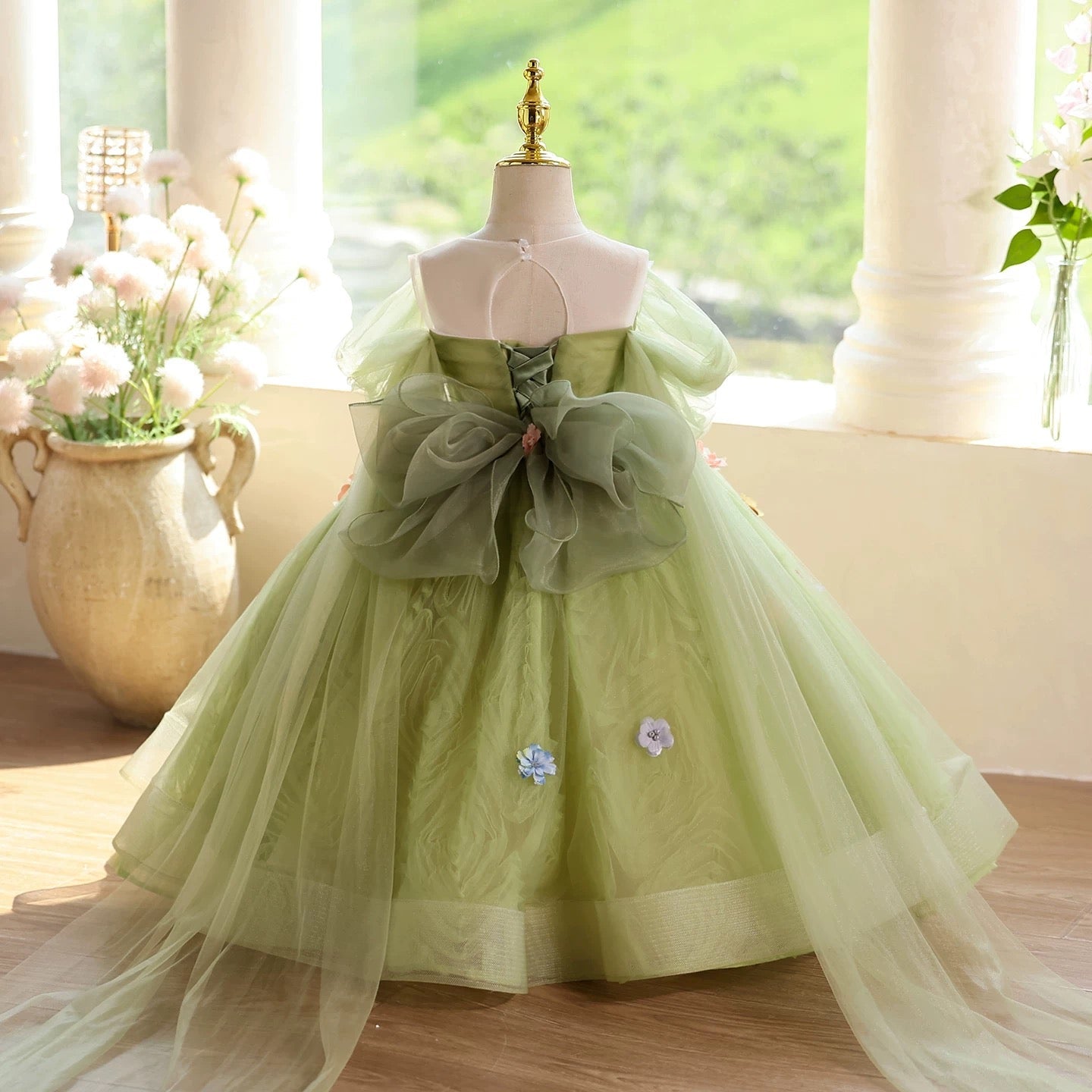 Green flower dress, fairy elegant girl dress, birthday party baby dress, Christmas New Year dress