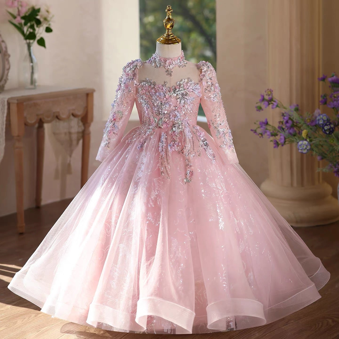 Girls long sequined long sleeve princess dress fashionable luxury birthday catwalk dress School ceremony girls princess dress