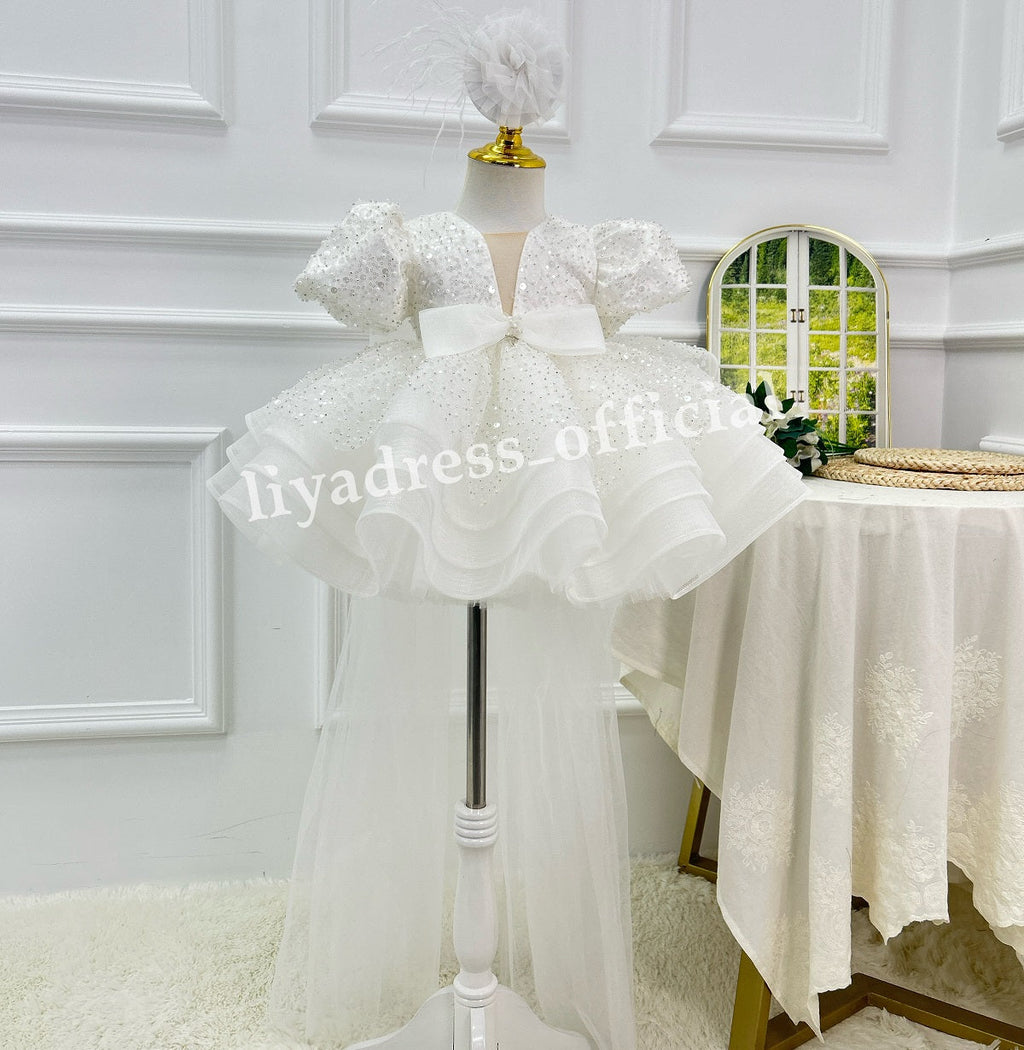 Baby Puff Sleeve Fluffy Tail 1st Birthday Party Princess Dress | KLFFIGID