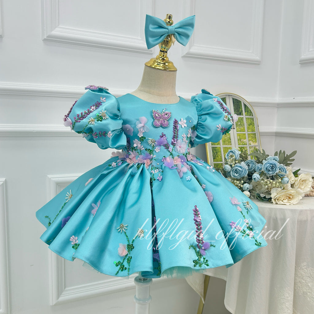 Turquoise Satin Butterfly Floral Tutu Party Dress | KLFFIGID