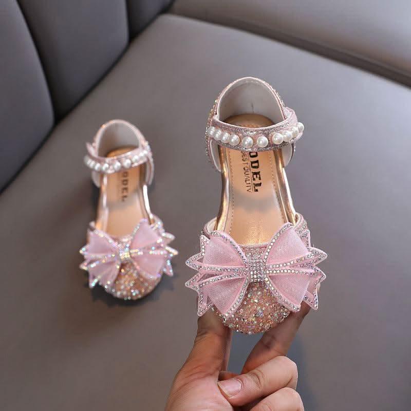 Sparkling Princess Shoes Elegant Pearl-Accented Girls' Shoes Dreamy Crystal Shoes Cute Bow Design