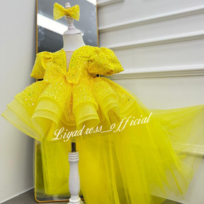 Sequined Puff Sleeve First Birthday Girl Princess Dress with Bow | KLFFIGID
