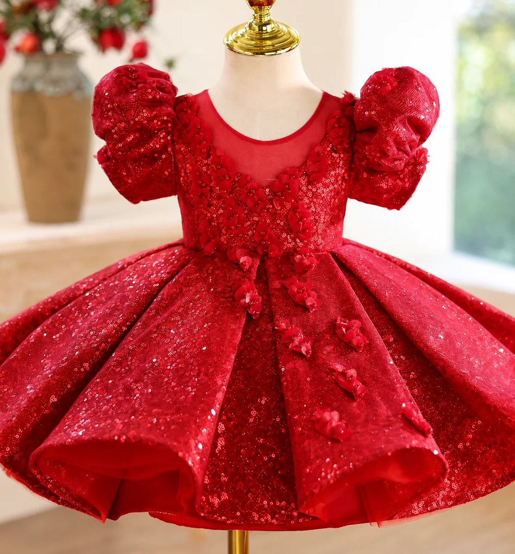 Elegant Girls Red Satin Party Dress with Sparkling Details｜KLFFLGID